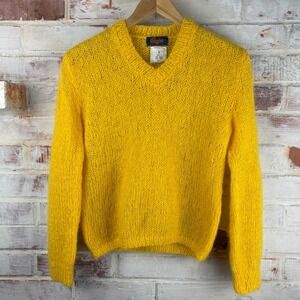 Charin's Italian Mohair Wool Sweater Bright Yellow V Neck Fuzzy Knit S